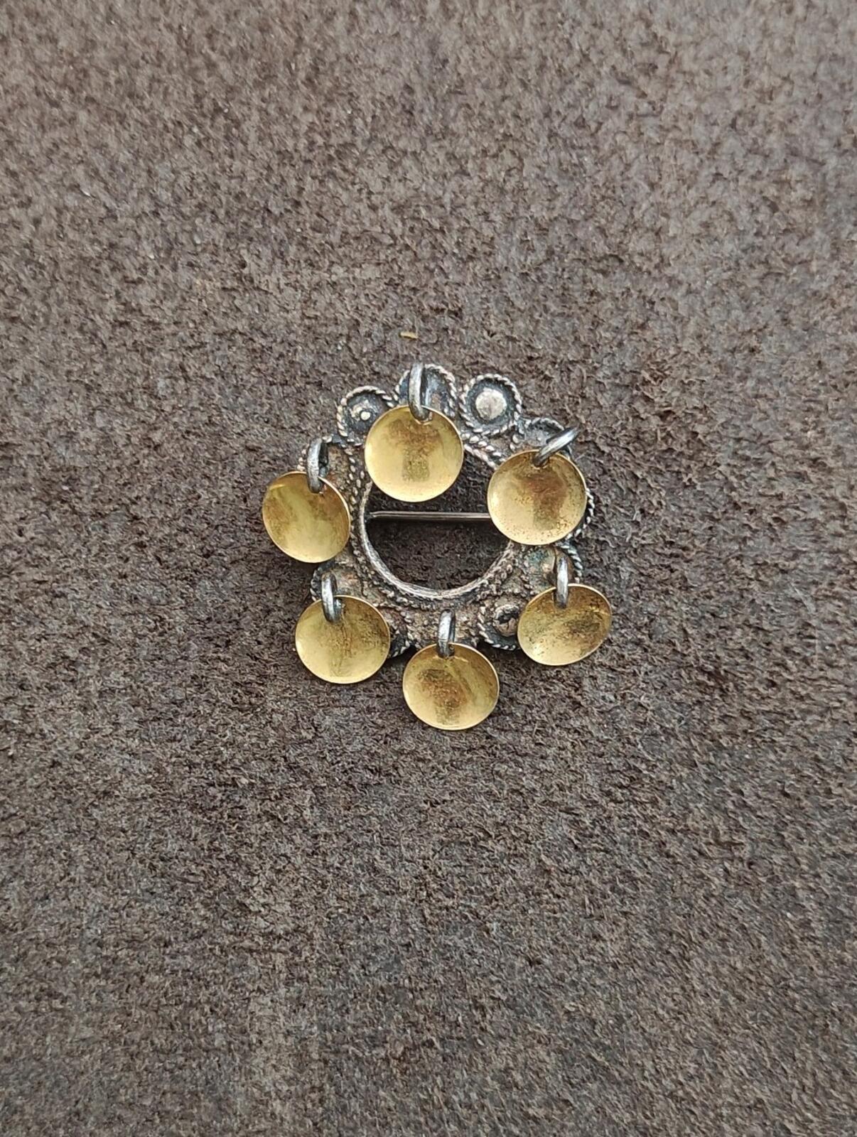 40s Sterling Silver Filigree Norwegian Sølje Brooch With Dangling Gilded Discs