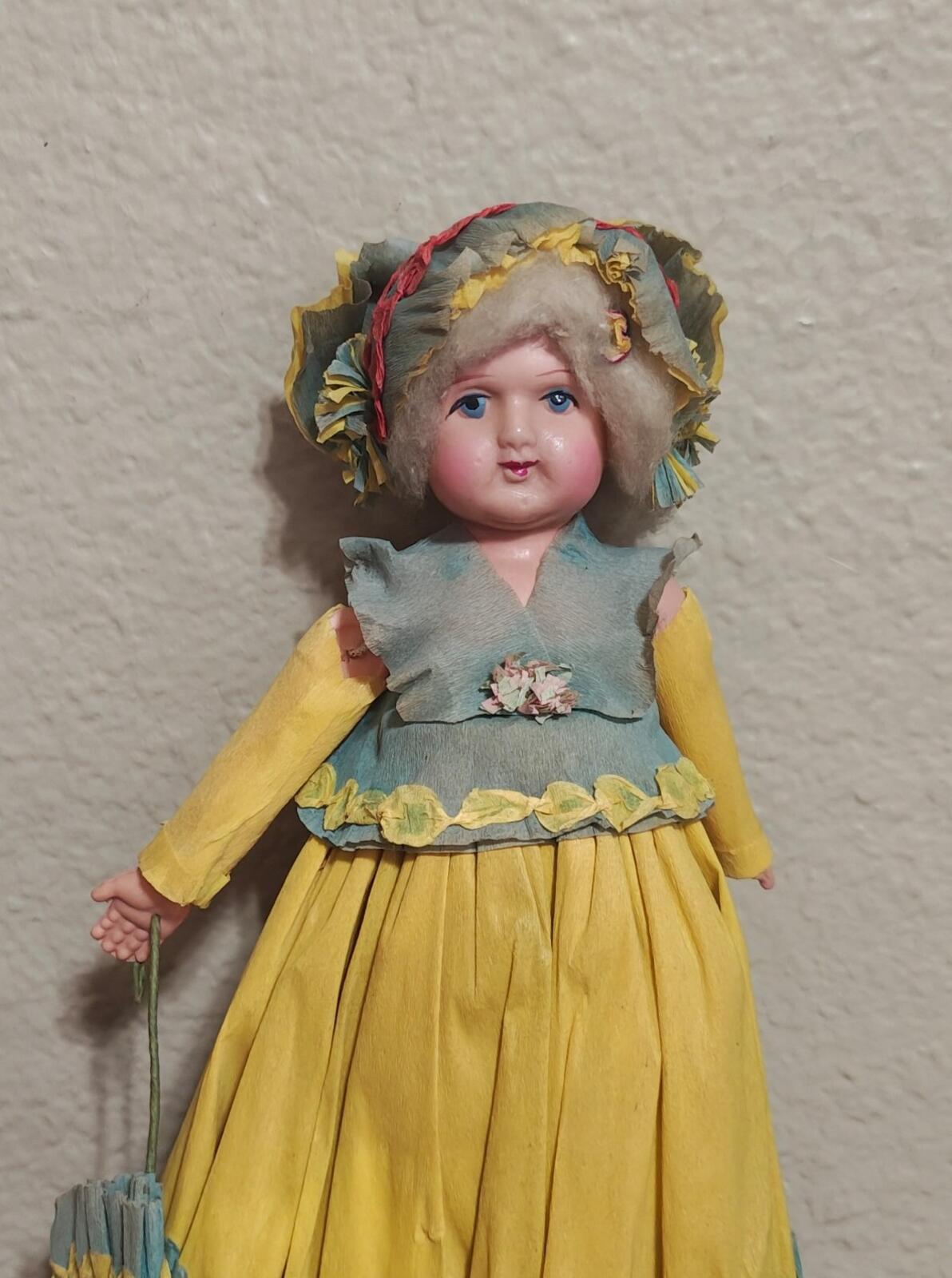 1930s/40s Rare Handcrafted Crepe Paper Doll With Plastic/Celluloid Face & Body
