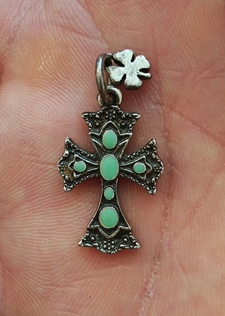 1990s Lucky Brand Antiqued Silver With Faux Turquoise Southwestern Cross Pendant