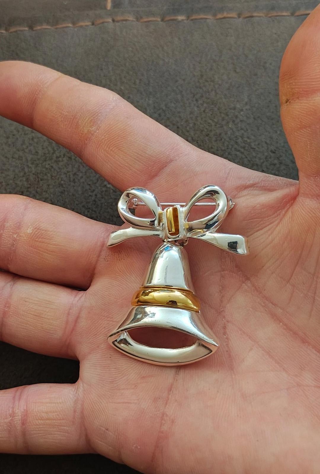 1980s Two Tone Christmas Bell With Bow Brooch