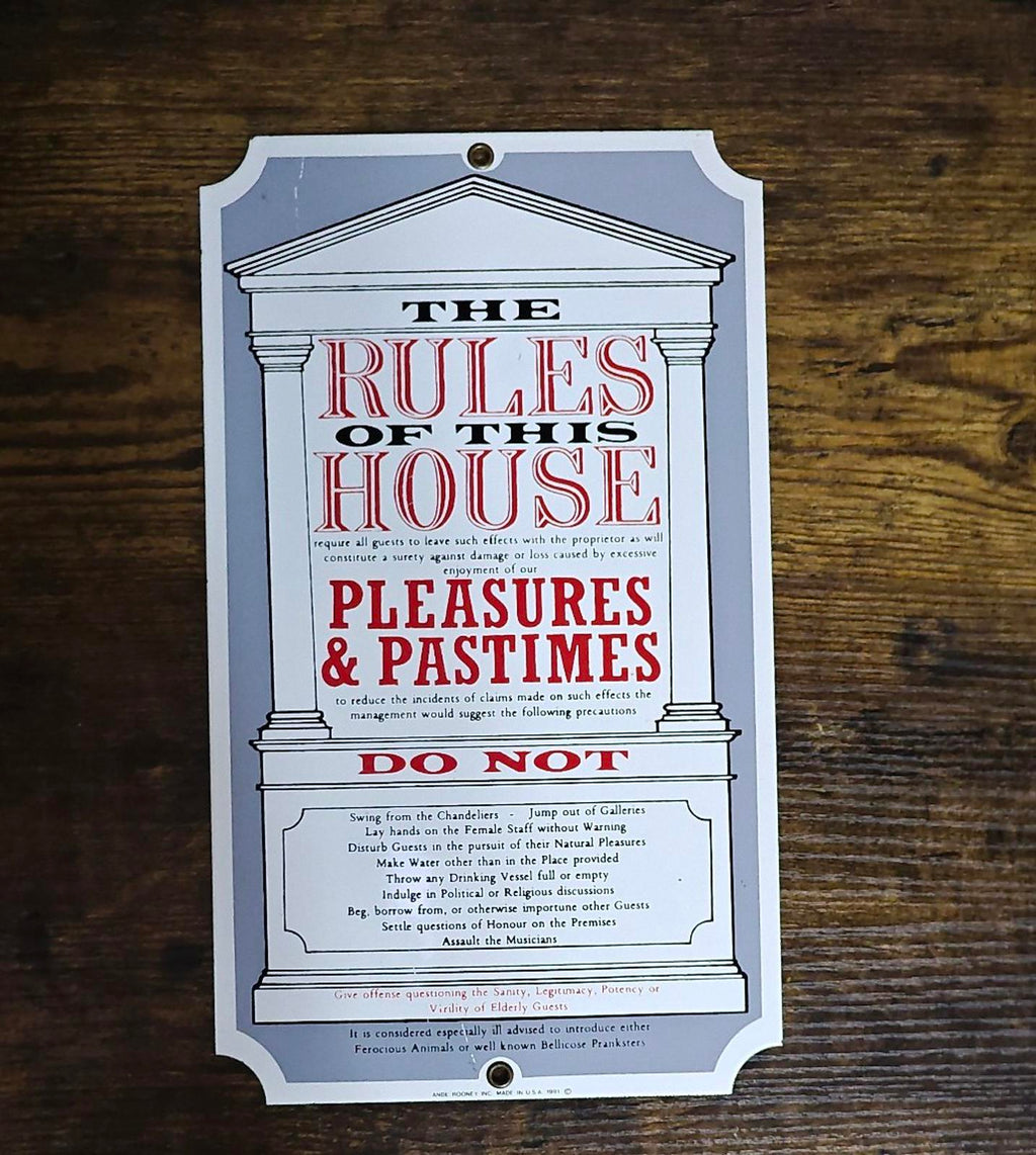 1991 Ande Rooney "The Rules of This House" Porcelain Enamel Metal Sign