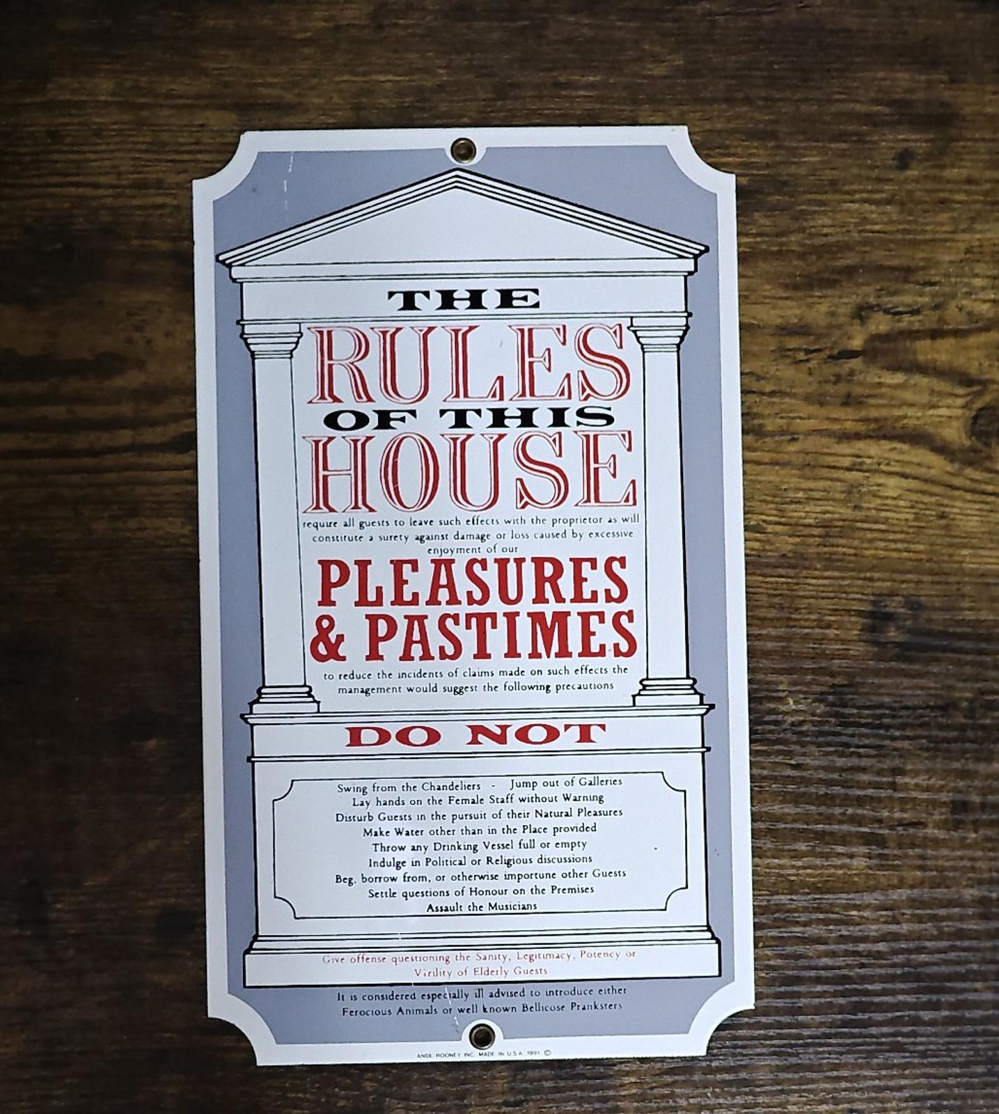 1991 Ande Rooney "The Rules of This House" Porcelain Enamel Metal Sign