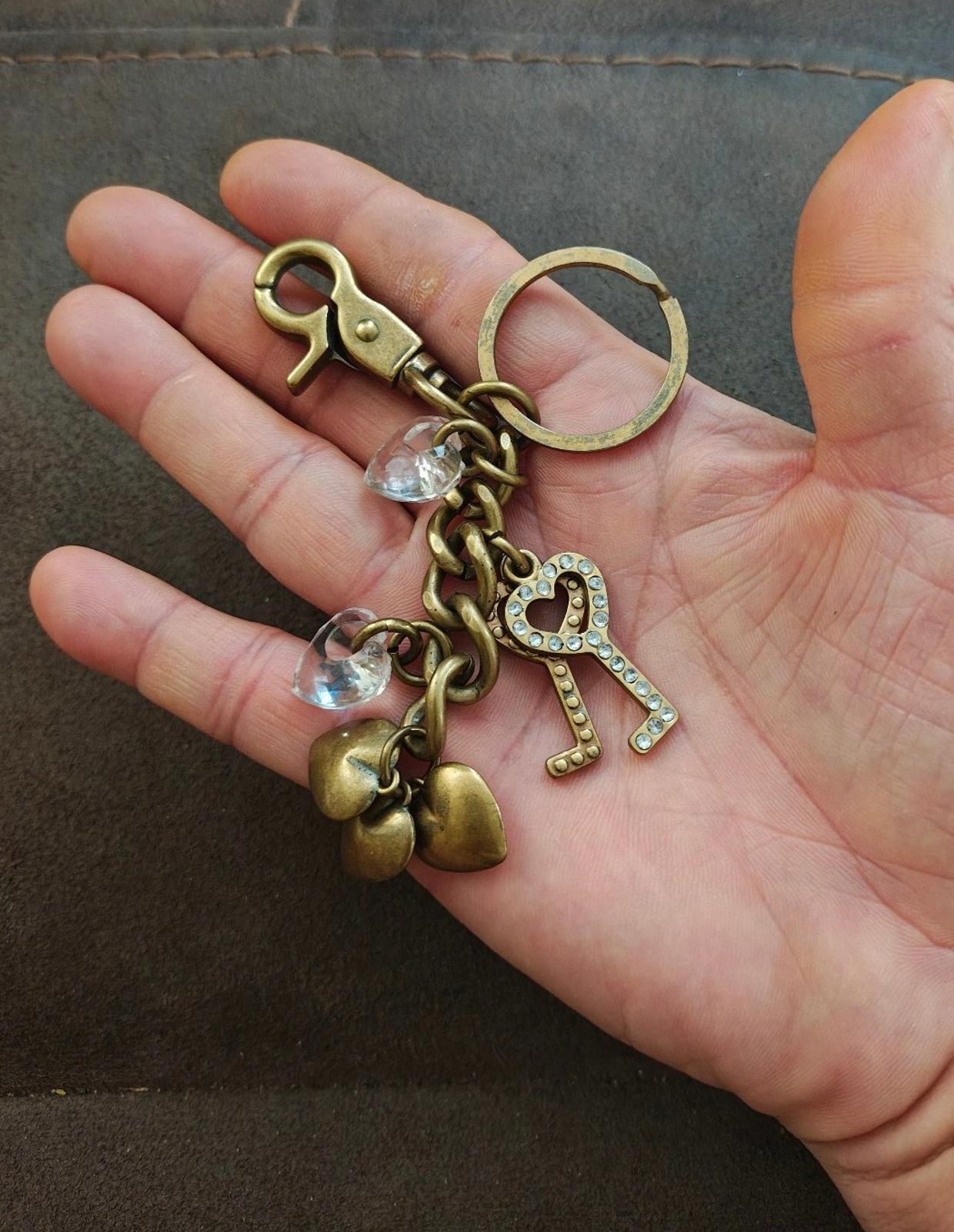 Vintage Inspired Brass Finish Keychain with Heart and Key Charms