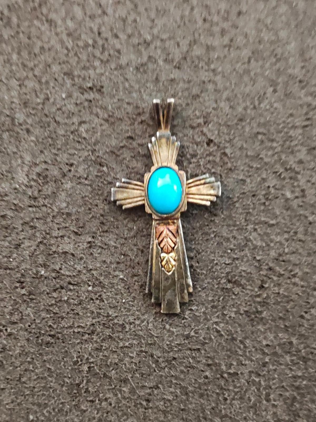 80s Coleman Co. Black Hills 12 Kt Gold & Sterling Silver Turquoise Cross Pendant