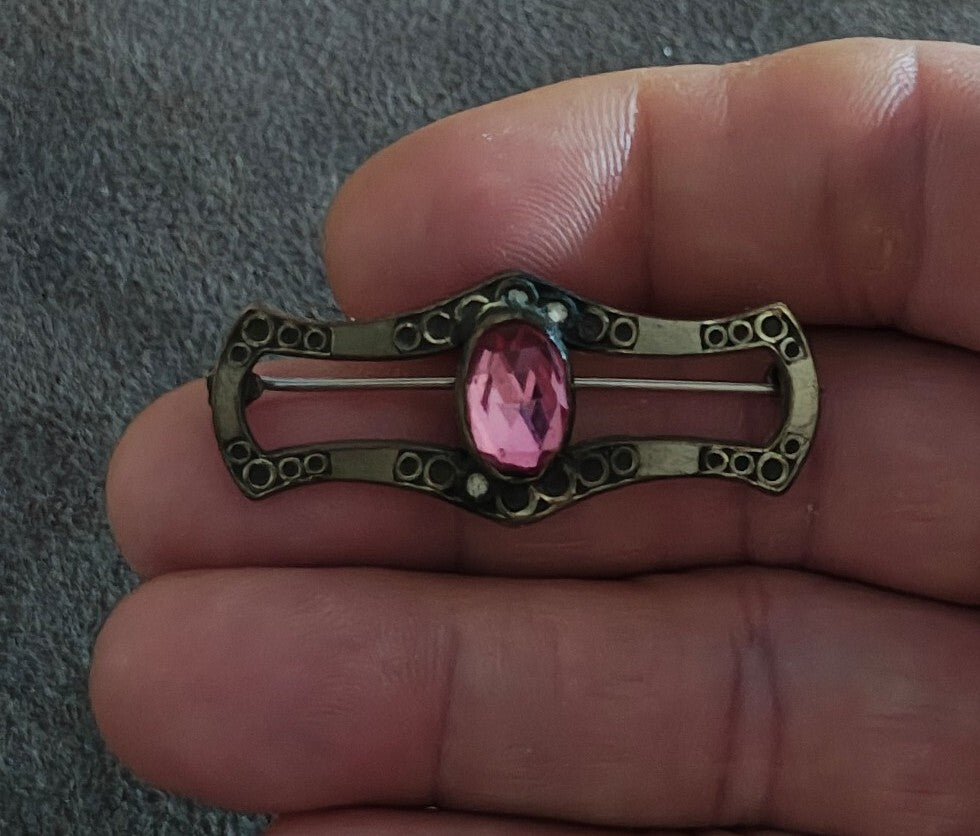 Beautiful Antique 1900s Victorian Filigree Gold Tone With Pink Stone Brooch Pin.
