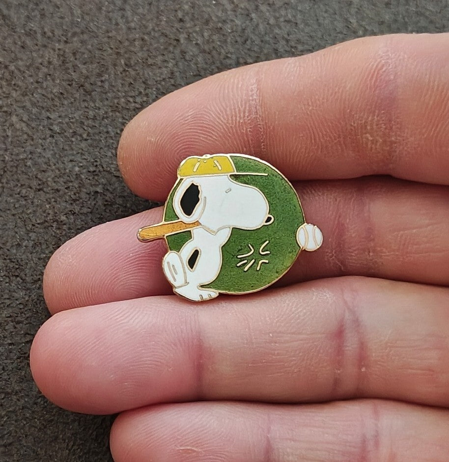 1970s Peanuts Snoopy Baseball Cloisonné Gold Tone Enamel Pin.