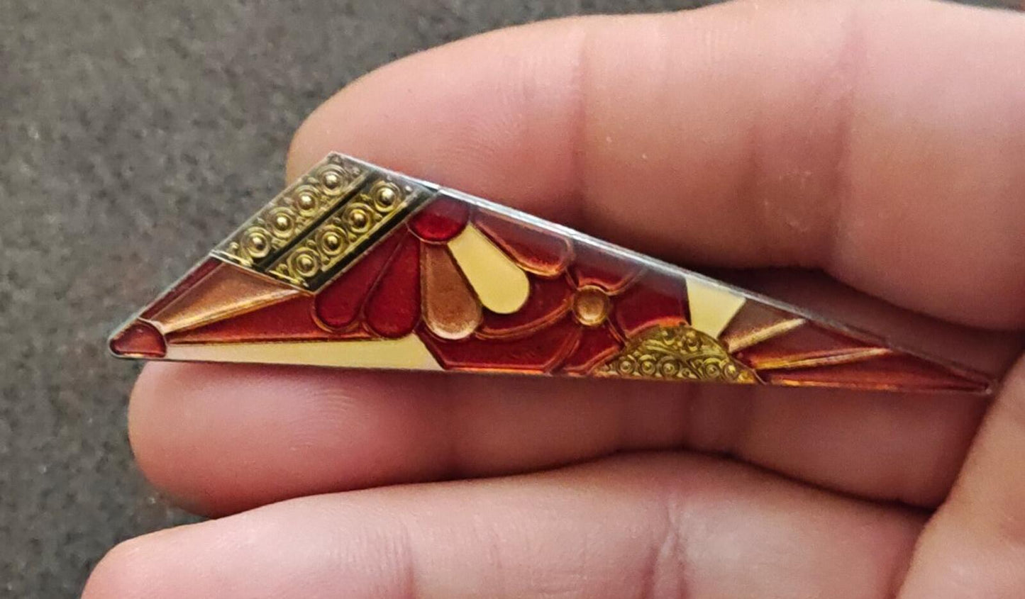 1970s/80s Art Deco Revival Geometric Pierre Bex French Enamel Silver Tone Brooch