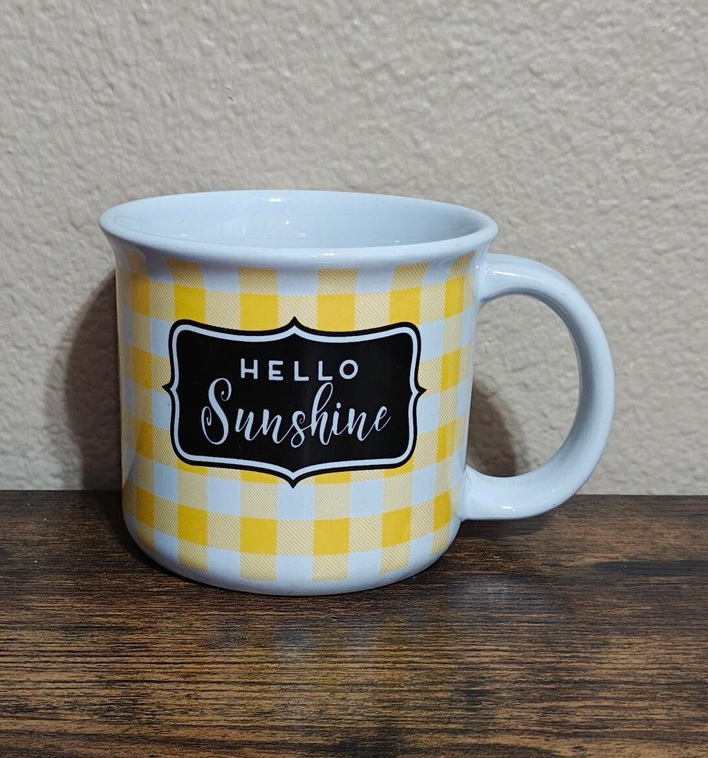 Hello Sunshine Yellow, Black & White Gingham Mug