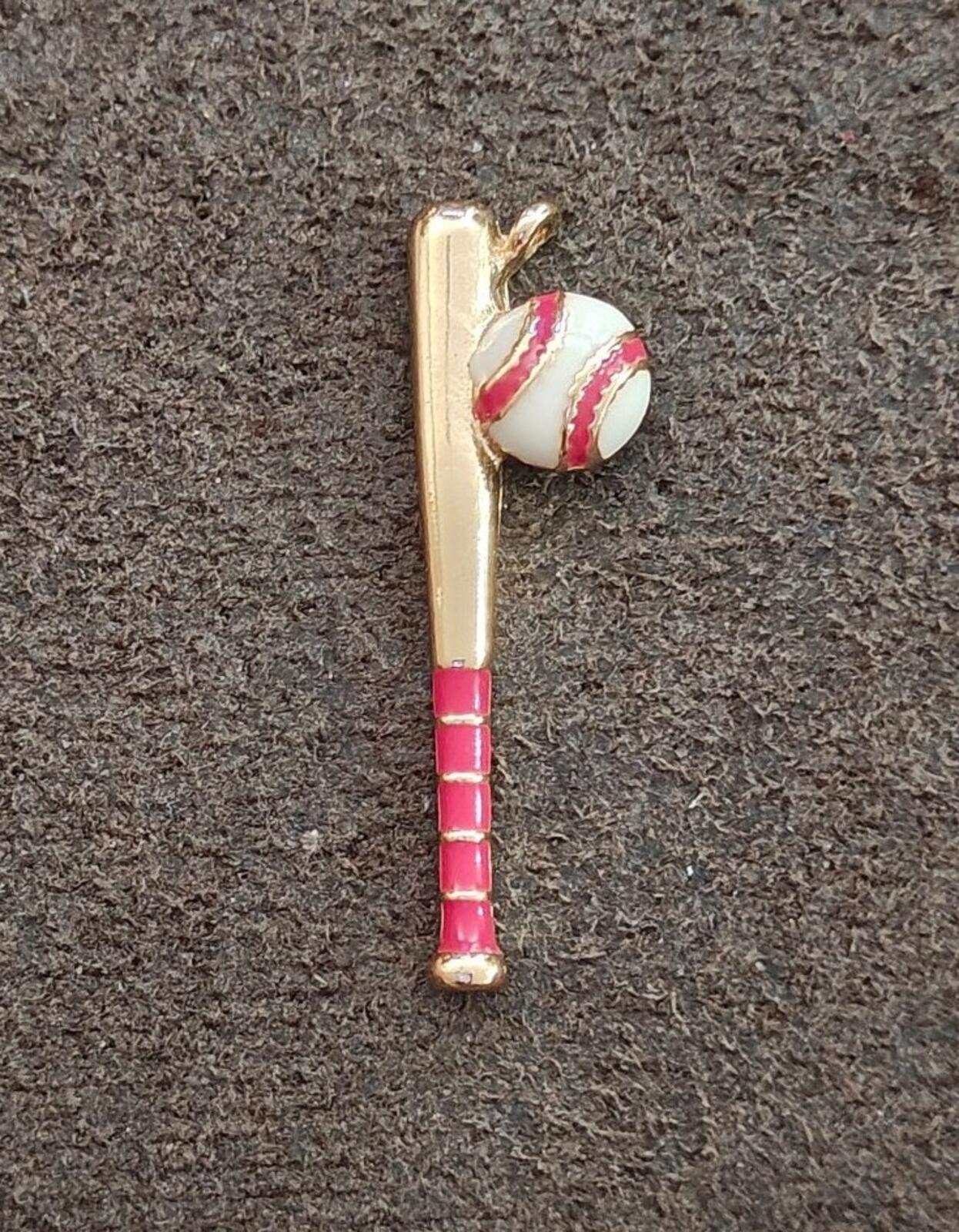 1980s Gold Tone With Red Enamel Baseball Bat & Ball Charm