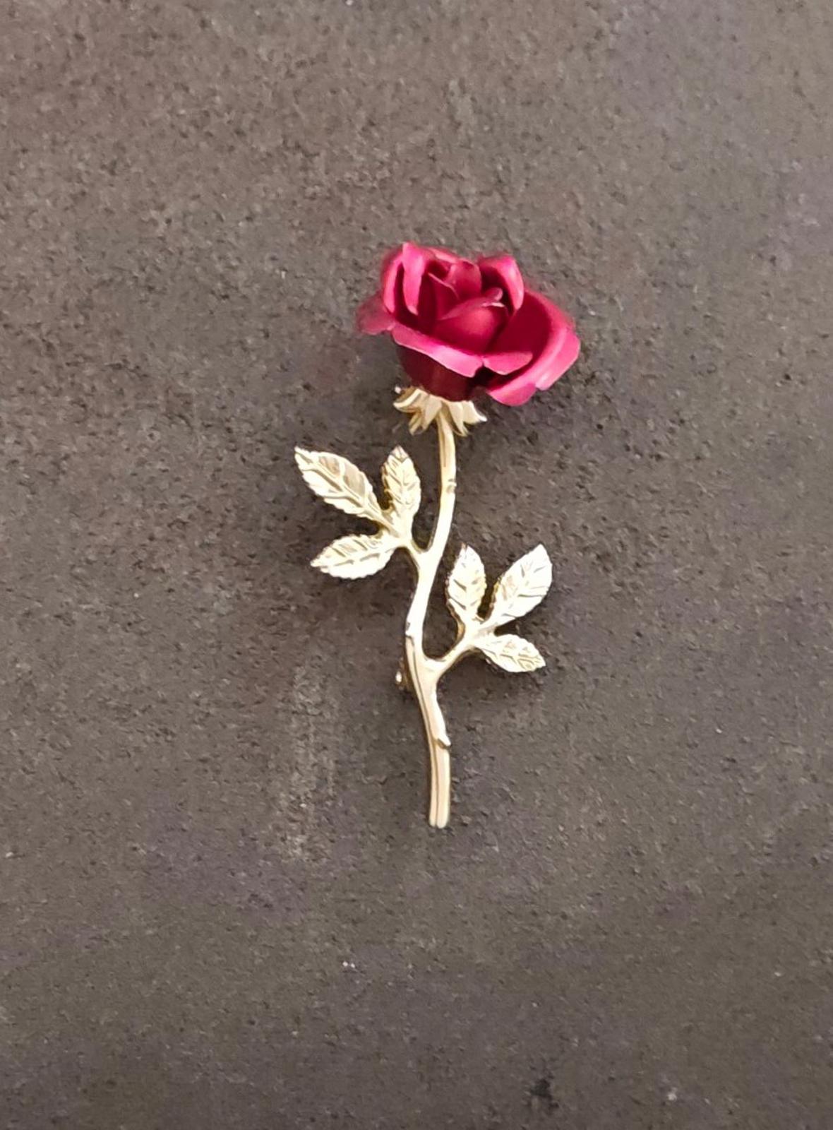 1980s Gold Tone Long Stem Textured Red Rose Brooch