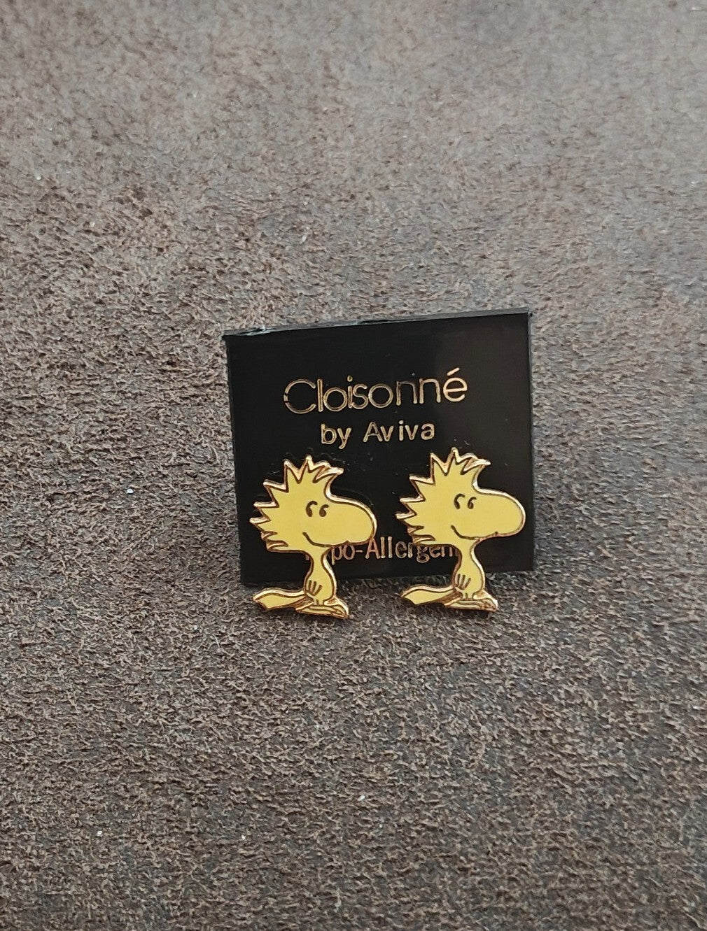 1970s Peanuts Woodstock Gold Tone Cloisonné Enamel Stud Earrings New
