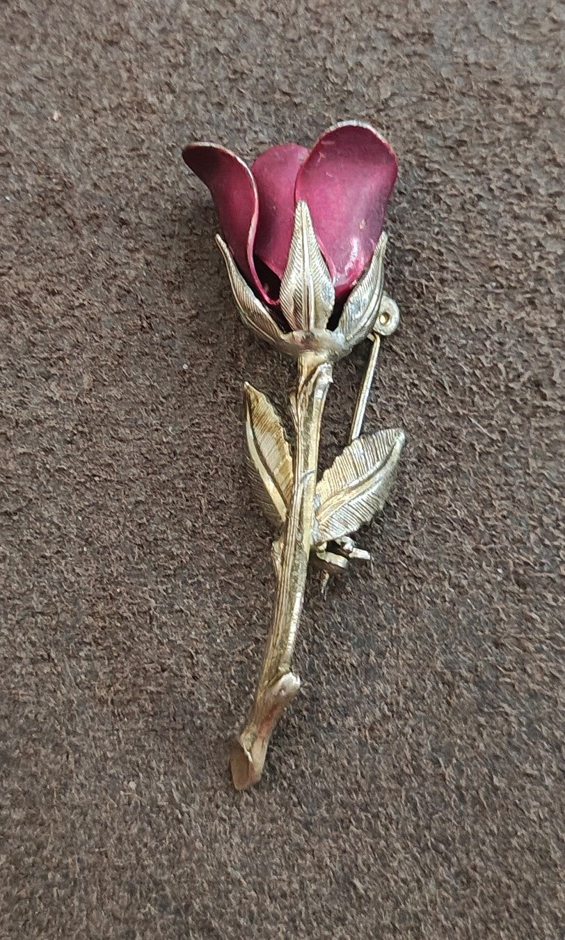 1960s Gold Tone Red Enamel Rose Bud With Stem Brooch Pin