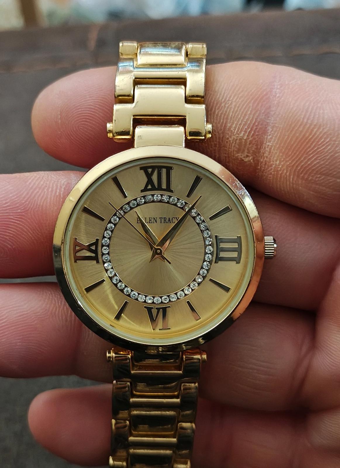 Ellen Tracy Roman Numerals Gold Dial With Crystal Accents Ladies Watch