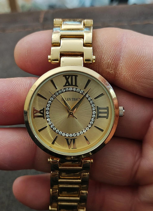 Ellen Tracy Roman Numerals Gold Dial With Crystal Accents Ladies Watch