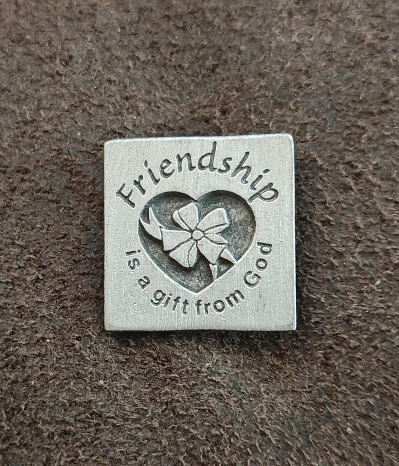 80s "Friendship is a gift from God" Pewter Pin With Engraved Heart & Ribbon