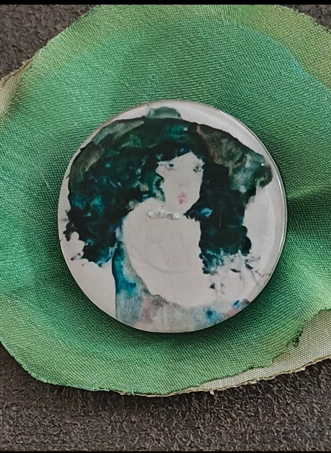 Handmade Gustav Klimt Philosophy Brooch Pin Art Nouveau Green Fabric Border
