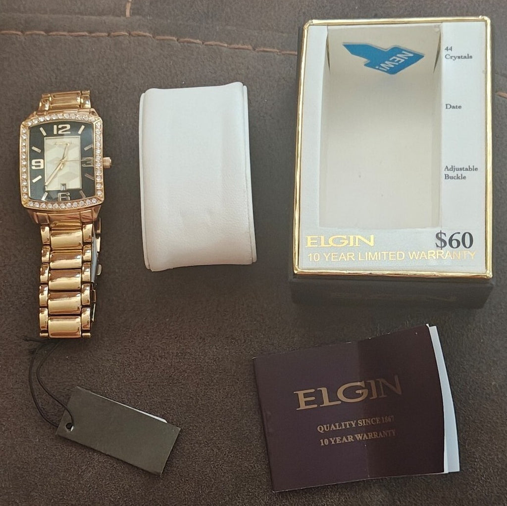 Elgin Men’s Gold-Tone Bracelet Watch with Crystal Bezel (Model FG160062)