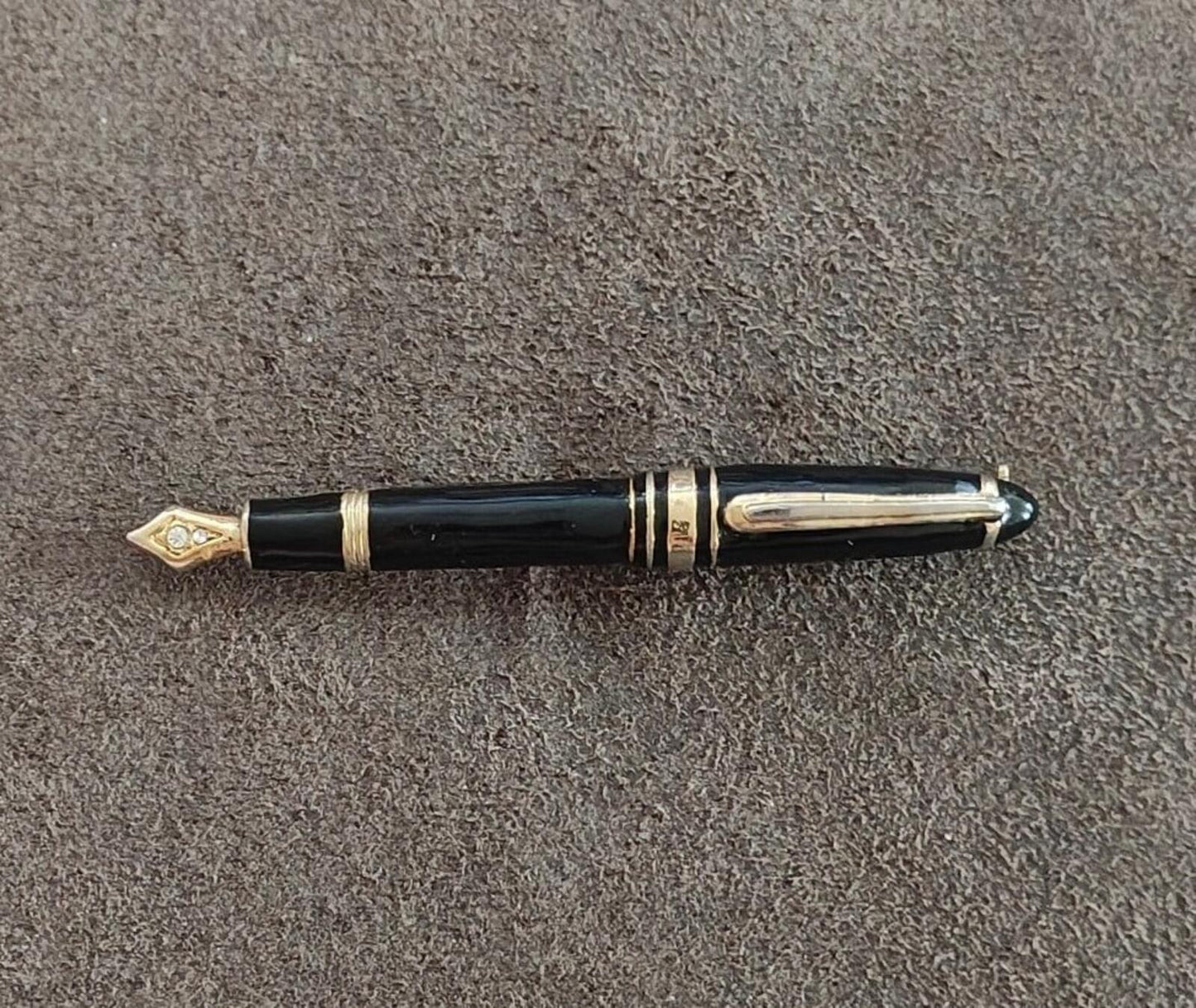 90s Vintage Gold Tone With Black Enamel & Clear Rhinestones Fountain Pen Brooch