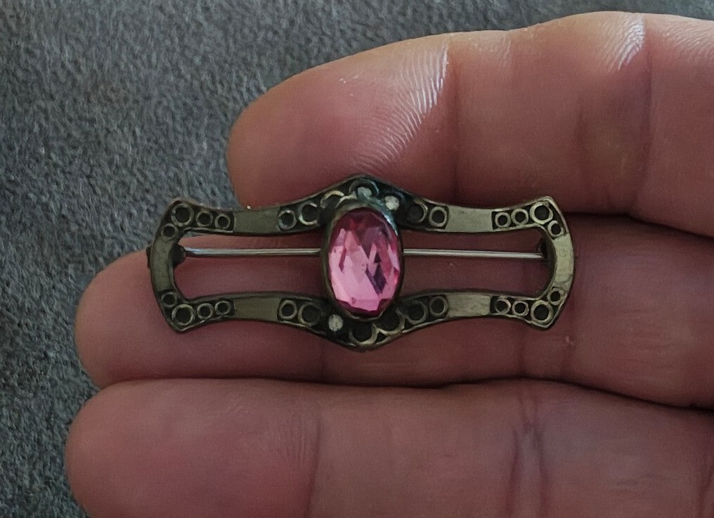 Beautiful Antique 1900s Victorian Filigree Gold Tone With Pink Stone Brooch Pin.