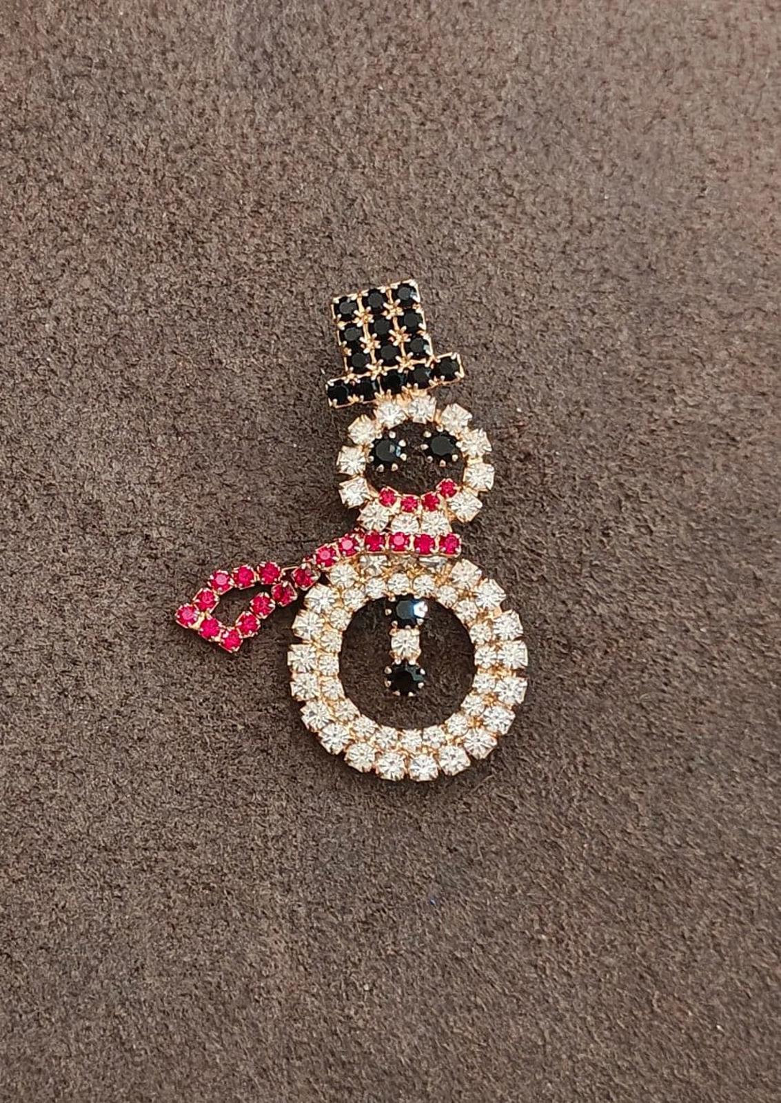 1990s Gold Tone With Red, Black and Clear Rhinestones Snowman Brooch