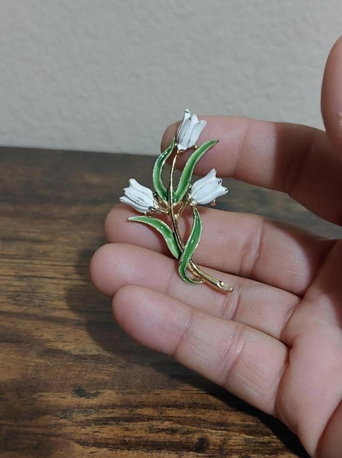 1950's White Three Tulips Enamel Brooch Signed Gerry's