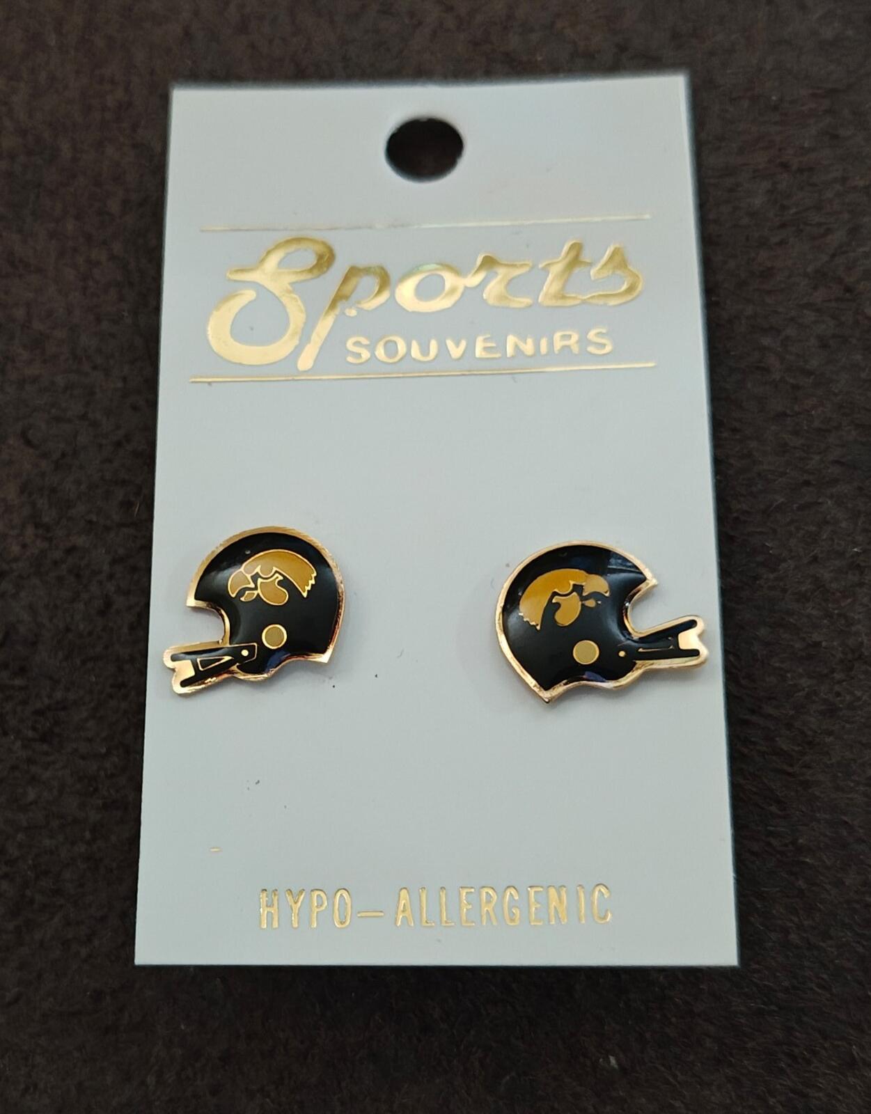 1980s University of Iowa Hawkeyes Helmet Gold Tone Enamel Stud Earrings