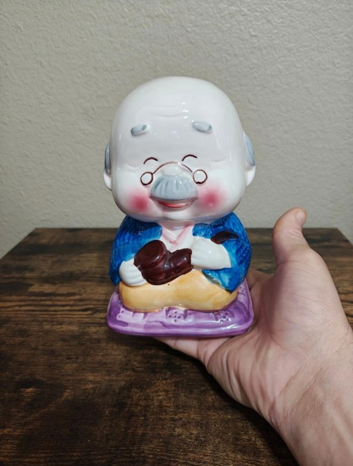 1970s Japanese Grandpa Ceramic Coin Bank Figure