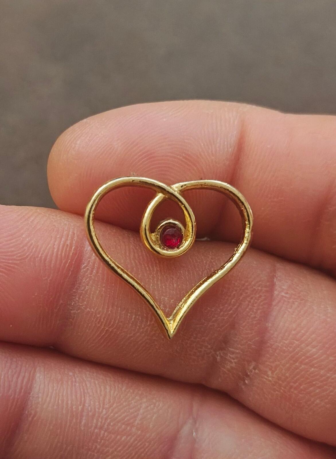 1980s Gold Tone Heart With Small Red Gemstone In Center Pin