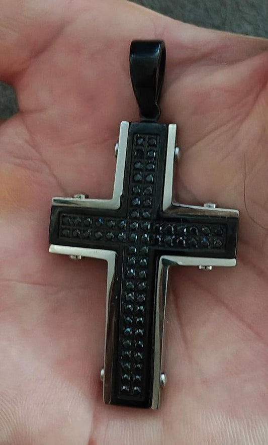 Vintage Gothic Steel Black CZ Cross Pendant