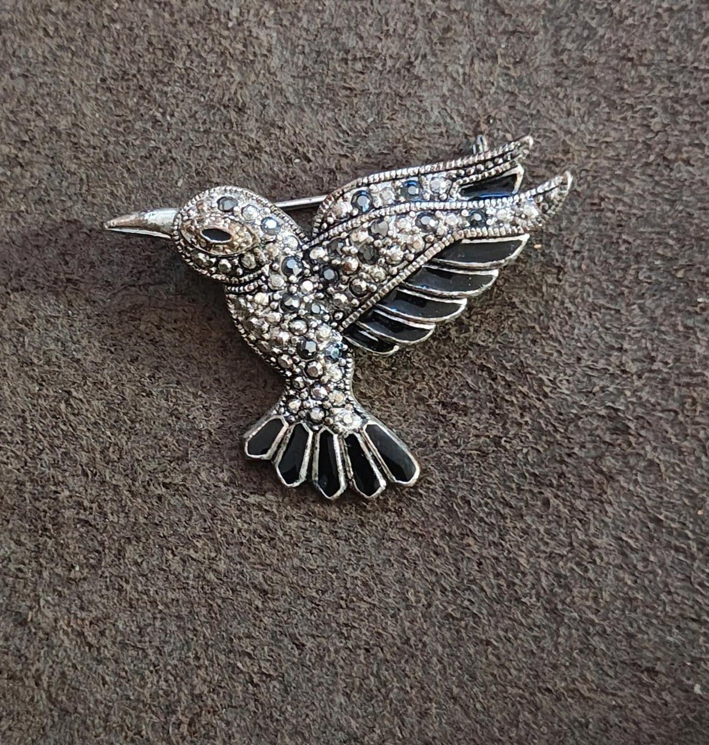 1990s Silver Tone Marcasite With Black Enamel Hummingbird Brooch Pin