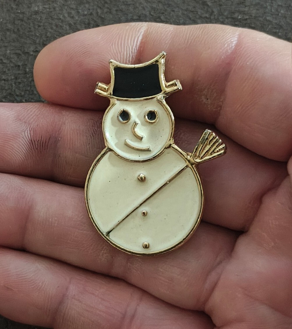 1980s Gold Tone Enamel Holiday Snowman Brooch