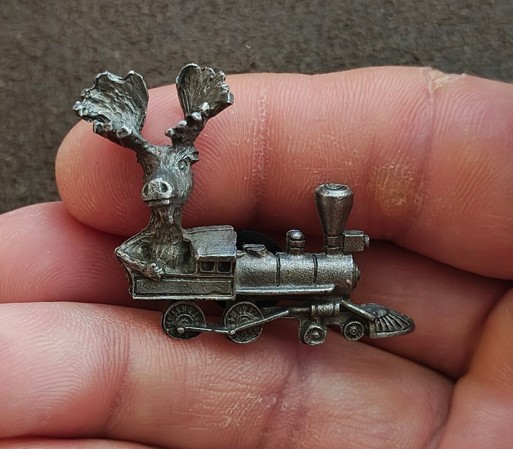 1980s/90s Rare Moose Riding a Locomotive Train Pewter Pin