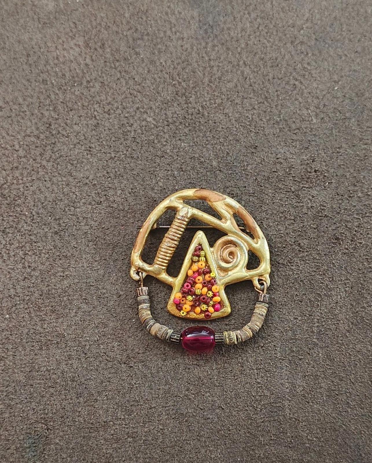 Articulated Abstract Modernist With Heishi Beads & Colorful Stones Brooch