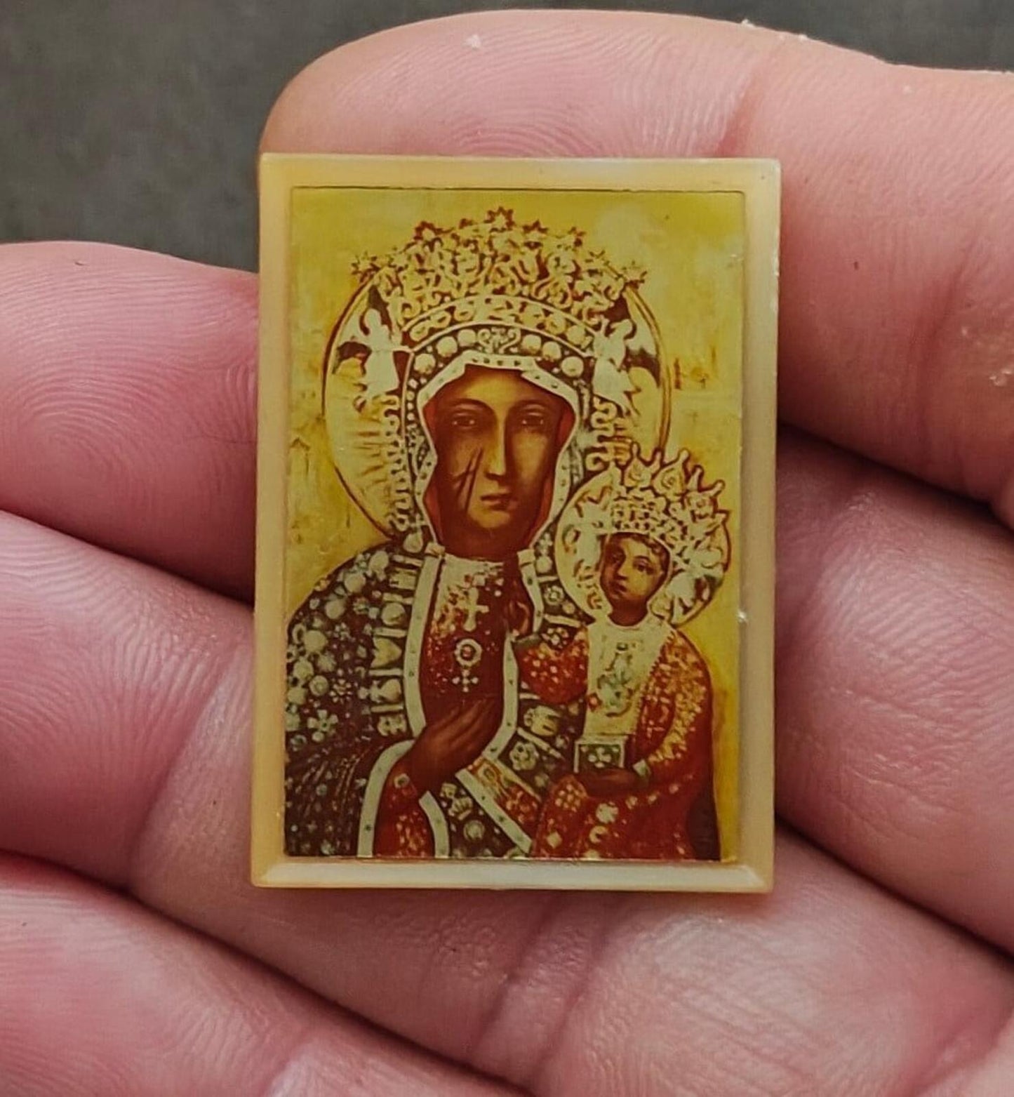 Vintage Black Madonna of Częstochowa" Plastic Brooch