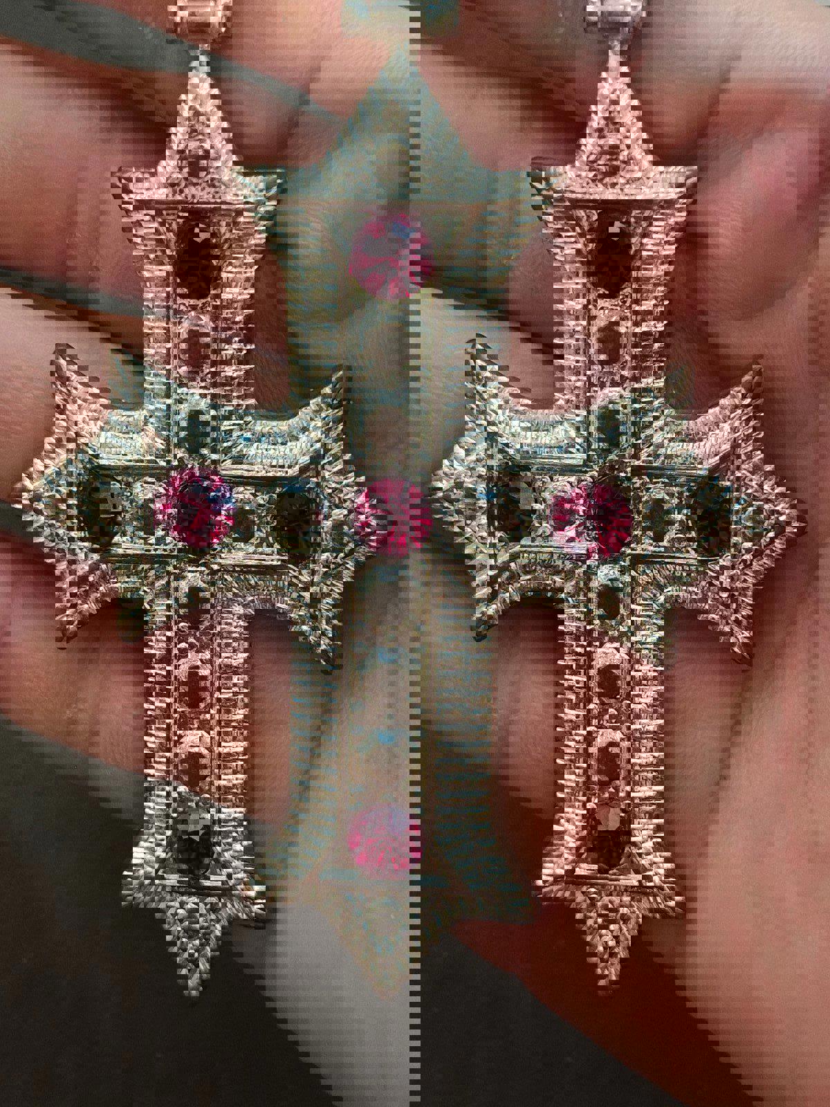 1990's Gothic Silver Tone Cross With Red Rhinestones Pendant Necklace