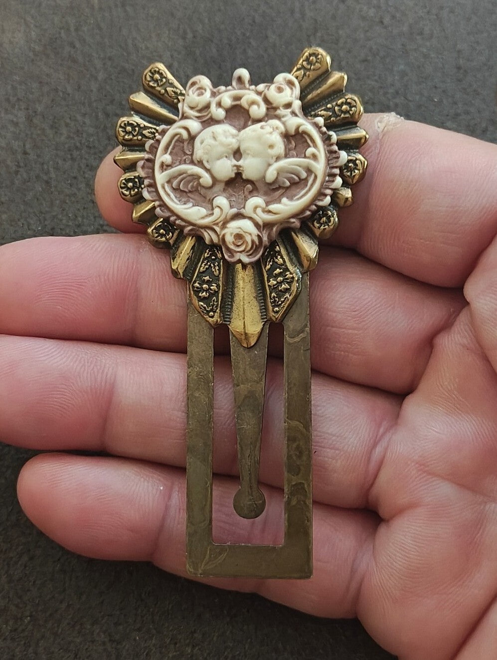 1990s Ornate Brass Cherub Cameo Bookmark/Victorian Revival Page Marker