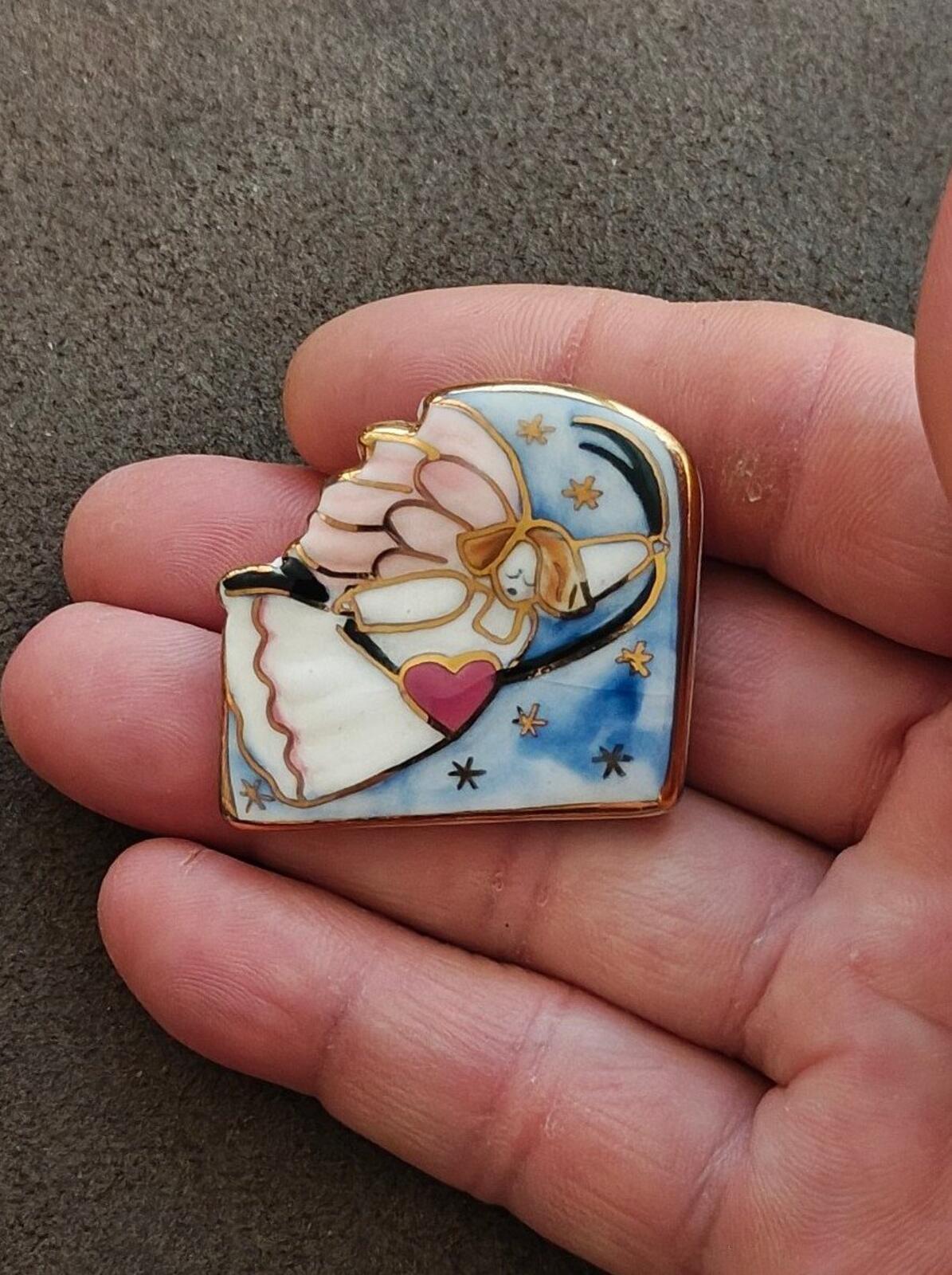 1980s Ceramic Multi-Color Enameled Flying  Angel Brooch