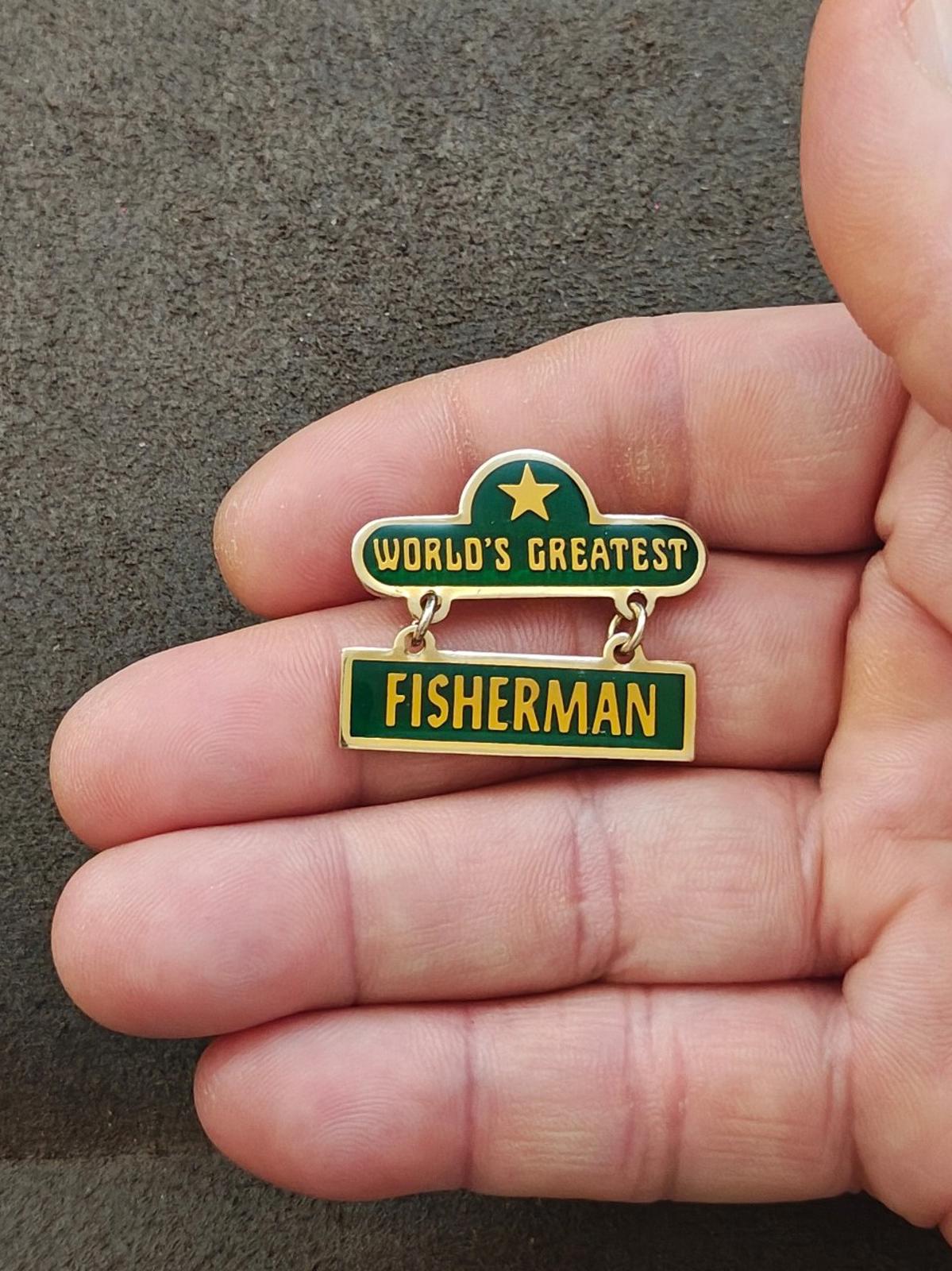 1970s "Worlds Greatest Fisherman Gold Tone Green Enamel Dangle Pin