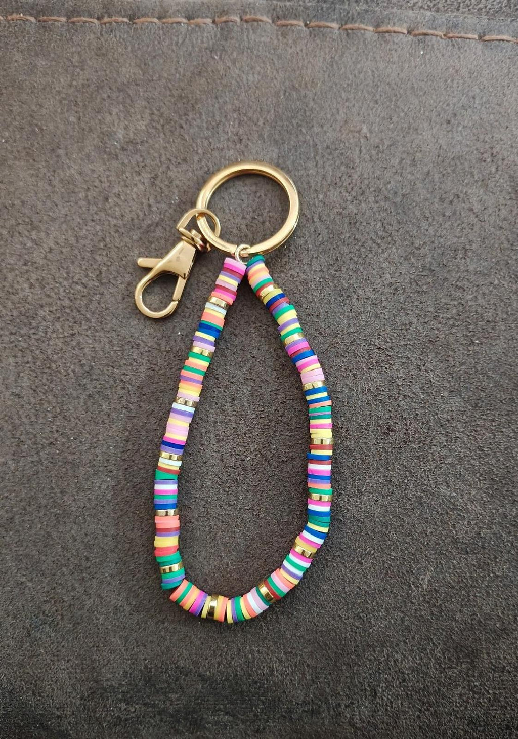 Rainbow striped heishi bead bracelet keychain with gold ring and lobster clasp