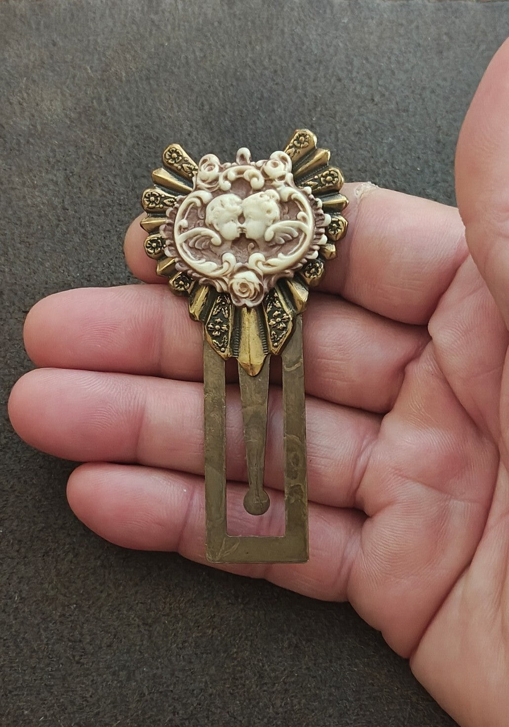 1990s Ornate Brass Cherub Cameo Bookmark/Victorian Revival Page Marker