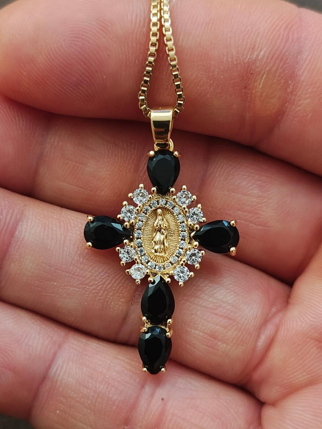 Gold Tone Virgin Mary Cross Pendant Necklace With CZ Stones & Black Stones