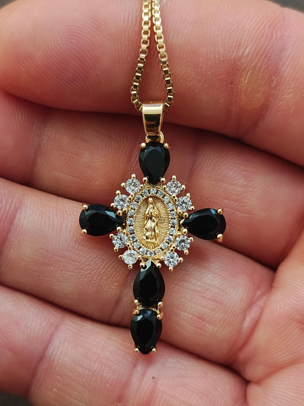Gold Tone Virgin Mary Cross Pendant Necklace With CZ Stones & Black Stones