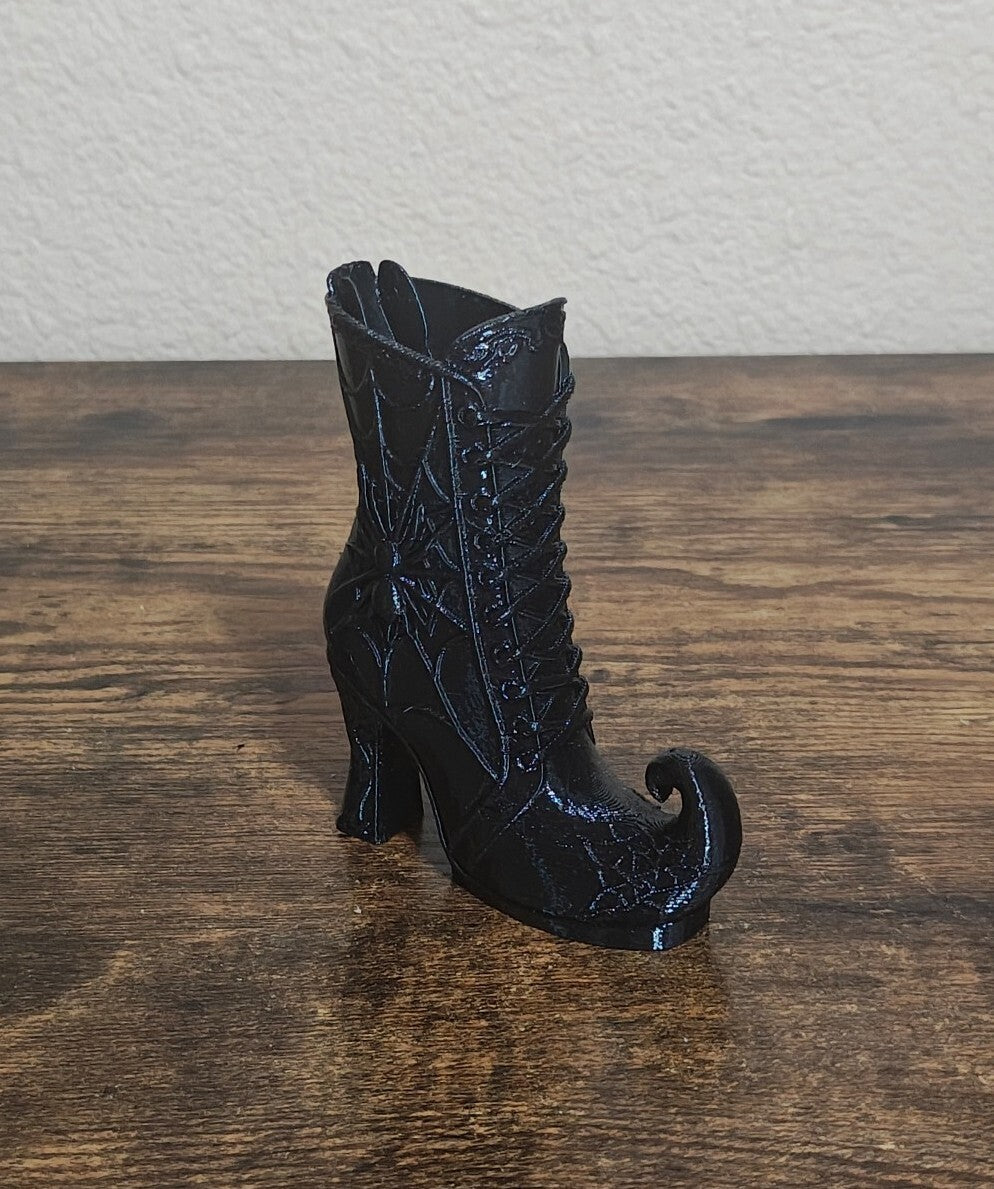 3D Printed Black Gothic Curled Toe Spider Web Witch Boot Small Vase/Holder