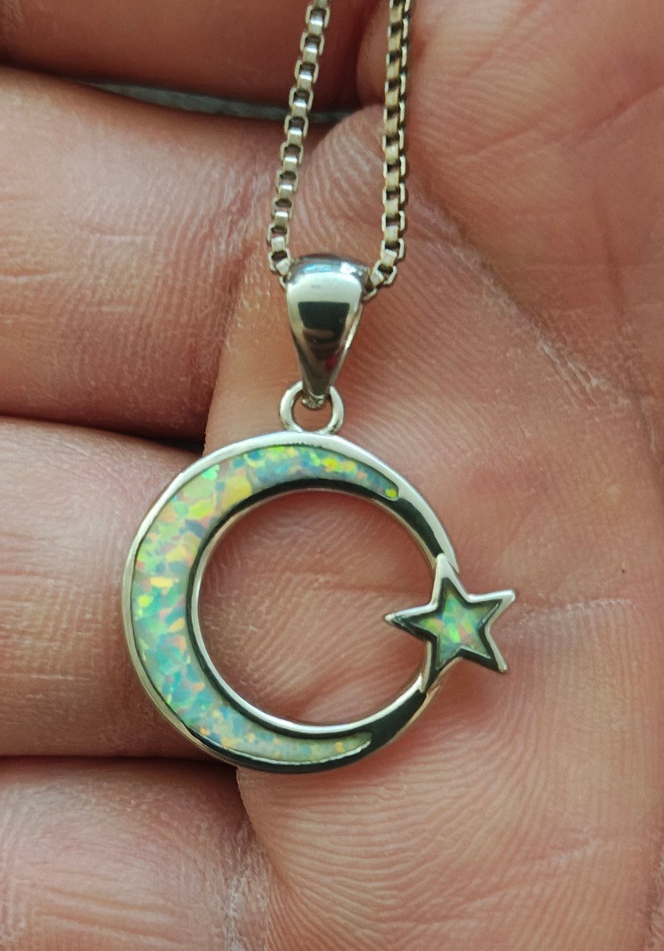 Dainty 925 Sterling Silver White Fire Opal Moon & Star Celestial Necklace