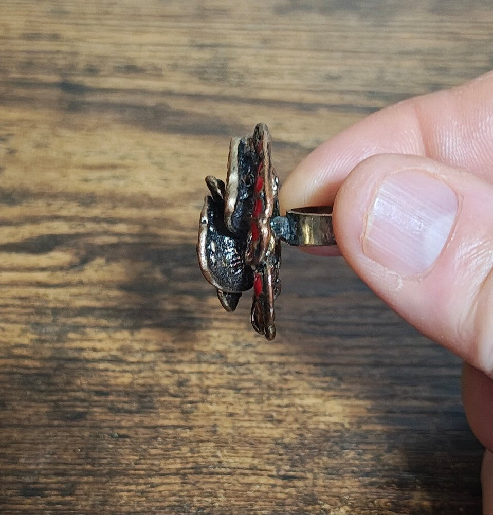 Three Dimensional Vintage Style Red Enamel Rose Statement Adjustable Ring.