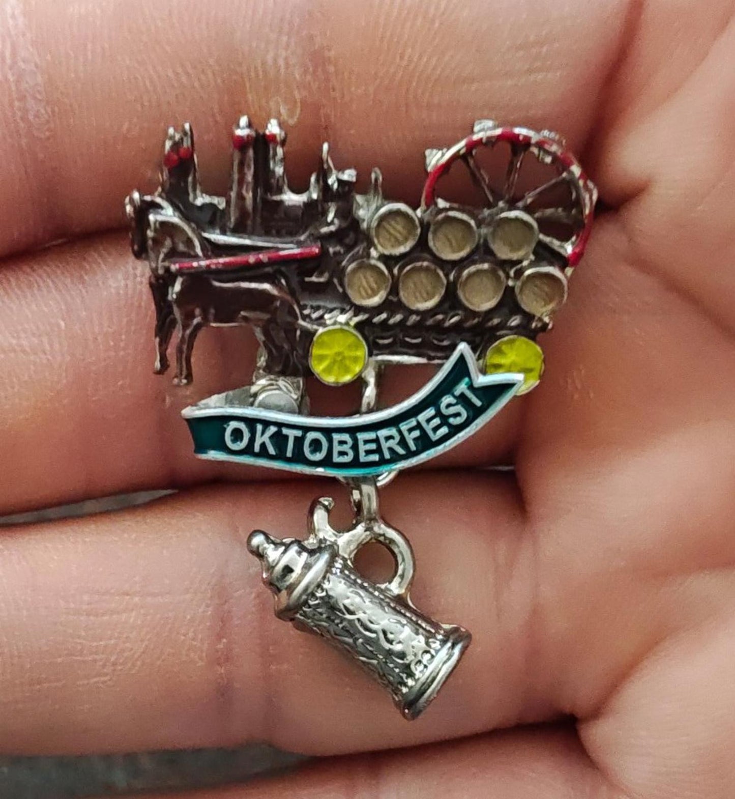 German Oktoberfest Beer Wagon With a Banner and a Dangling Beer Stein Brooch