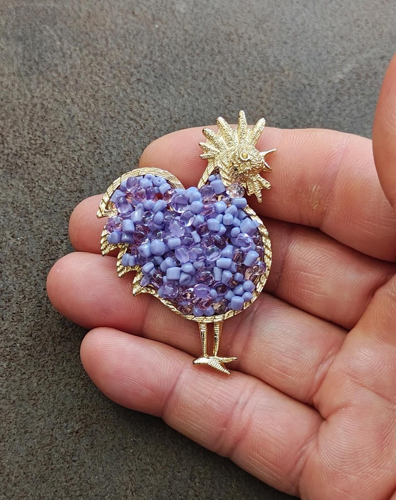 2000s Gold Tone With Purple Beads Rooster Brooch Pin