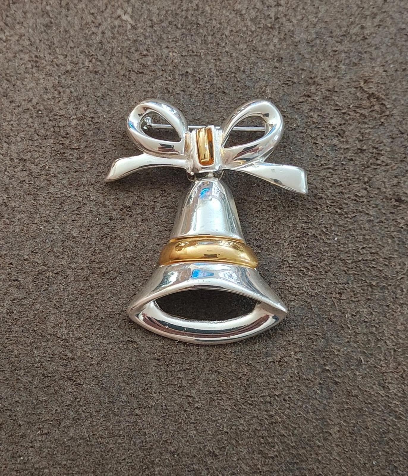 1980s Two Tone Christmas Bell With Bow Brooch