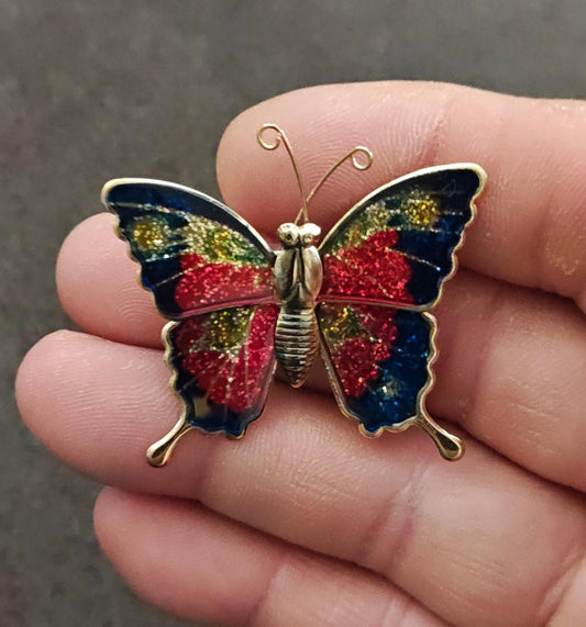 1970s Gold Tone Butterfly With Enamel & Glitter Accents Brooch