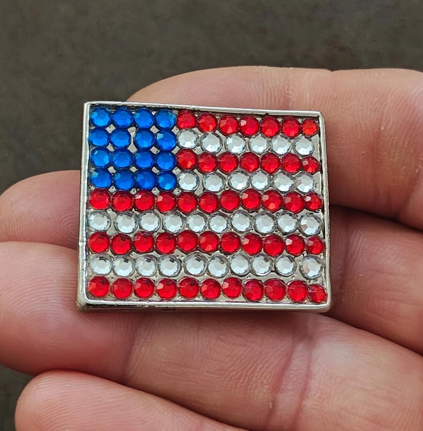 1980s Gold Tone American Flag With Red White and Blue Rhinestones Brooch